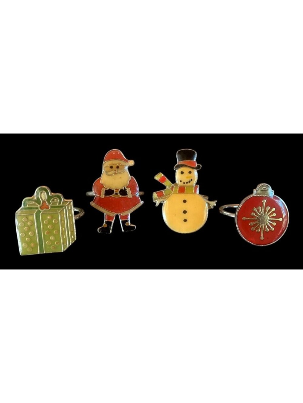 Vtg Christmas-Holiday Enamel Napkin Rings  Set Santa Snowman Present Ornament